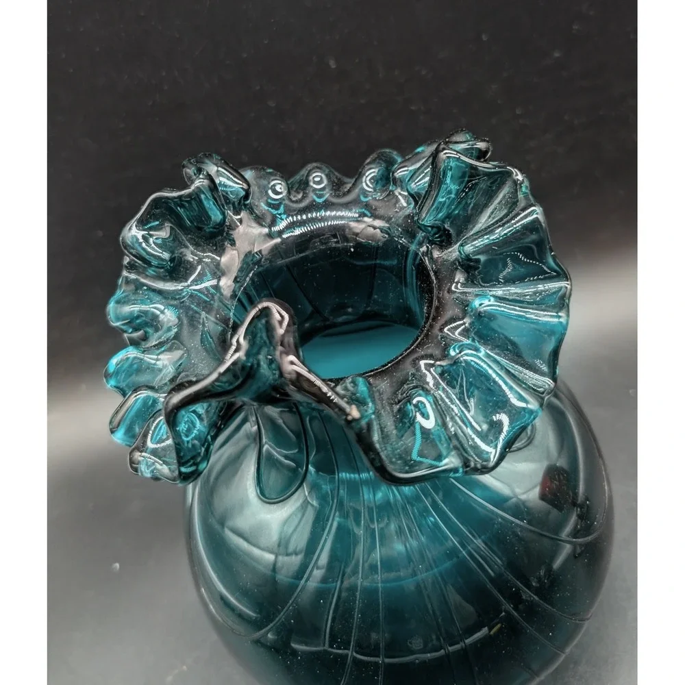 Vintage Teal Blue Hand Blown Art Glass Vase Ruffled Rim Optic Ribbed Bulbous 7